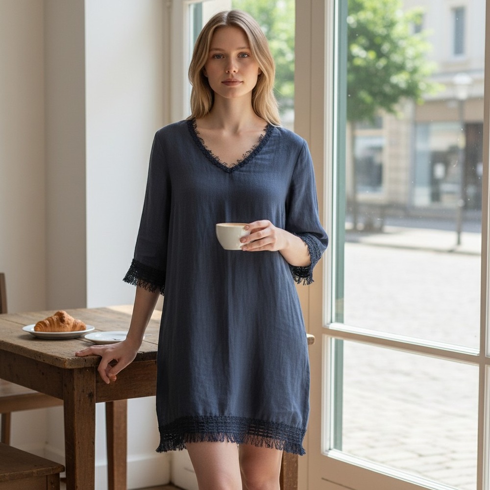 Haris Cotton Blue Marine Linen Shift Dress Crochet Lace Fringe Greece XS NEW